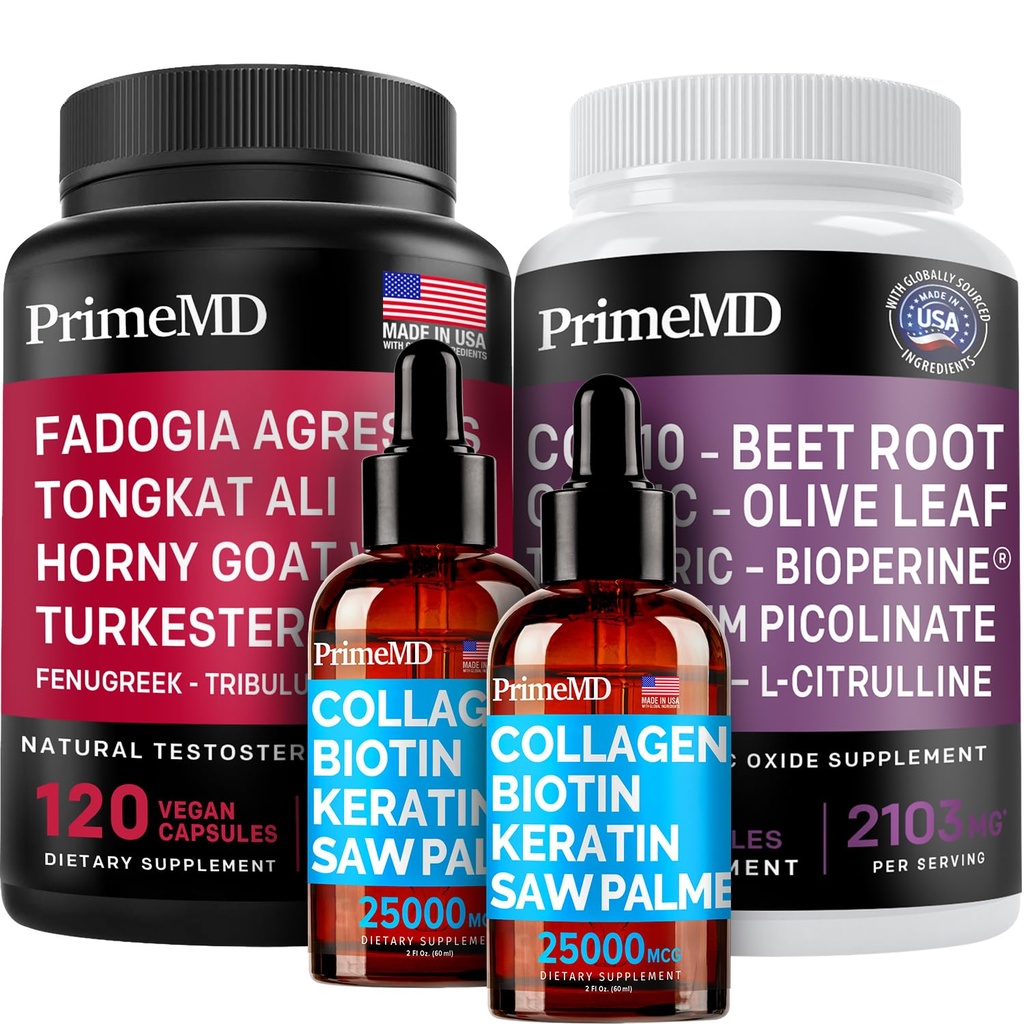 Liquid Collagen Biotin (2pk), Fadogia Tongkat Ali (1pk), dan Nitric Oxide (1pk) Suplemen Bundle - VeniVitamin untuk Rambut, Skin, Nails, Heart, Energi, & Testosteron Dukungan - Non-GMO, Vegan