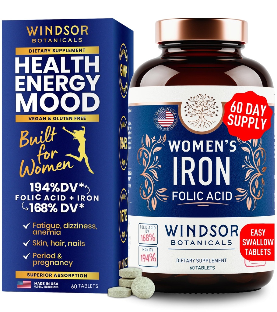 Suplemen Asam Besi dan Folic untuk Perempuan - 35mg Besi Lembut Vitamin, Asam Folic 400mcg - Anemia, Periode, Pendukung Pendukung Suli, Pill Ferrous - 60 Vegan Nor-Constipating Tablet