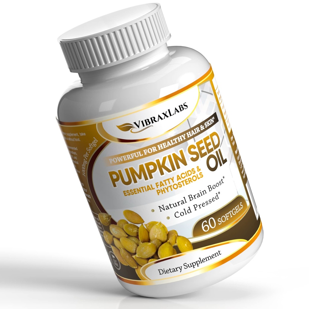 vibraxlab Pumpkin Seed Oil - 100% Cold Pressed Pure 100mg Ekstraksi - Best for Hair Growth, Younger Looking Skin & Face, Bladder Control Suffels, 60 Softgels