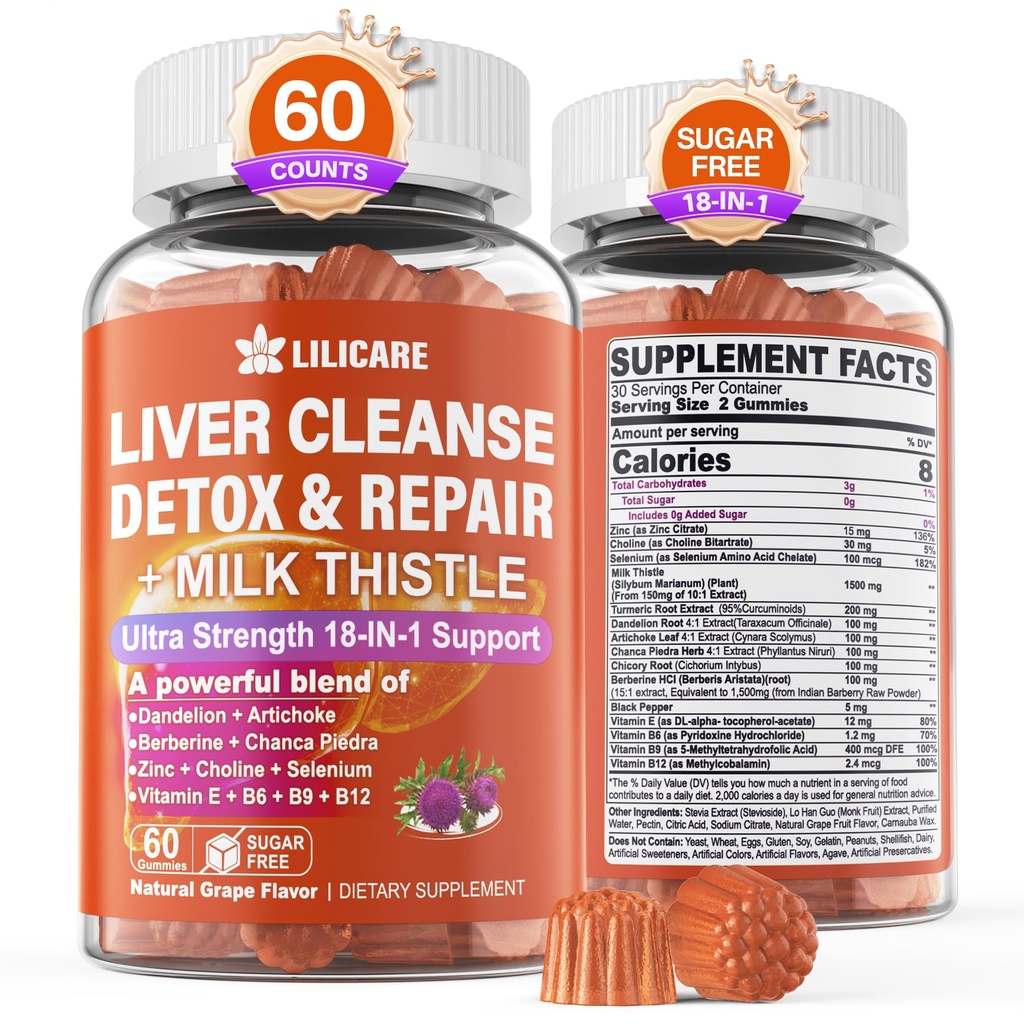 1Pack Milk Thistle Detox Gummies, 18-1 Liver Cleanse Detox & Repair with Berberine, Chicory Root, Turmeric, Artichoke, Dandelion Root, Chanca Piedra, Vitamins B6 B12 - Sugar Free