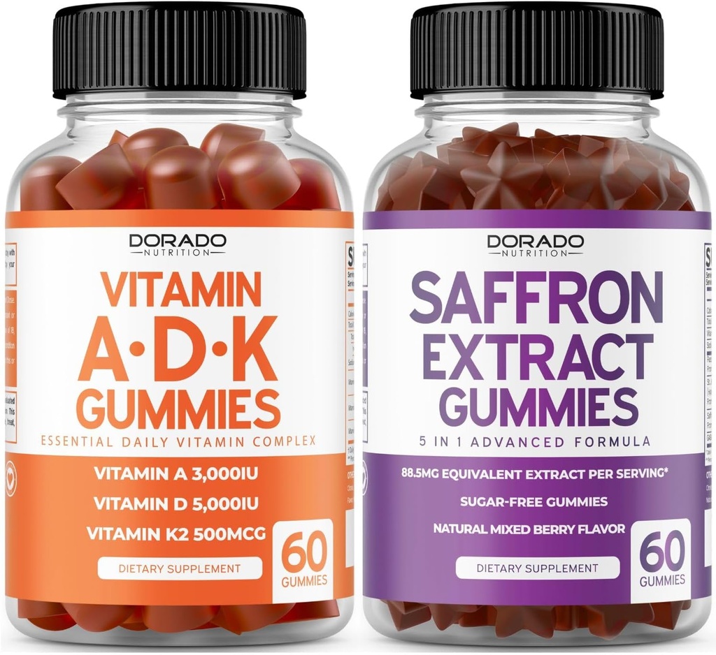 ADK Vitamin D3 K2 D (60 Gummies) K - 10 Vegan Suplemen - Raspberry Flavor lezat dan Saffron (60 Gummim) Premium Suplemen Bebas Gula untuk Dewasa - 5 dalam 1 Formula - Vegan & USA