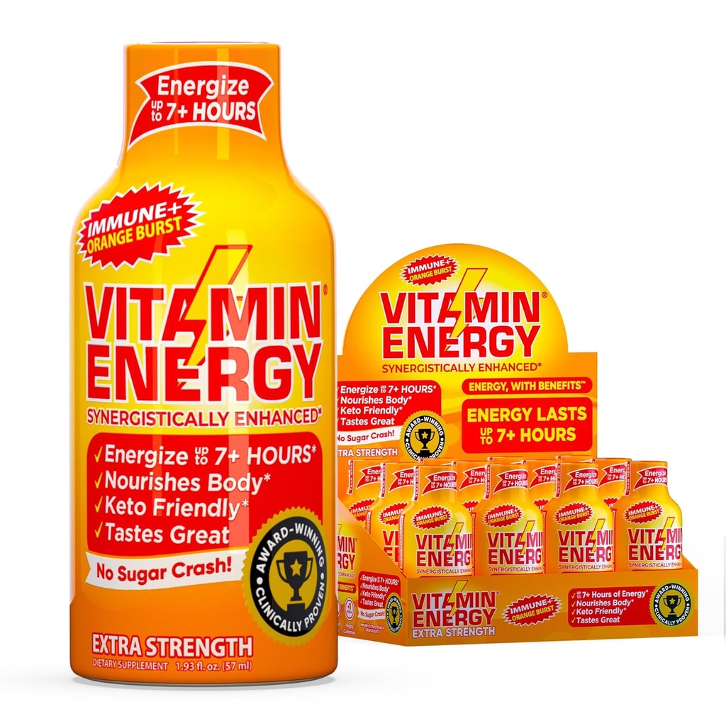 Vitamin Energy Immune + Extra Energy Shot - Orange Burst - 100% DV B- Vitamin & 260mg Caffeine - Zero Calories, Sugar- Free, Vegan, - Imunity & Energy Dukungan - 1.93 lf oz, 12- Pack