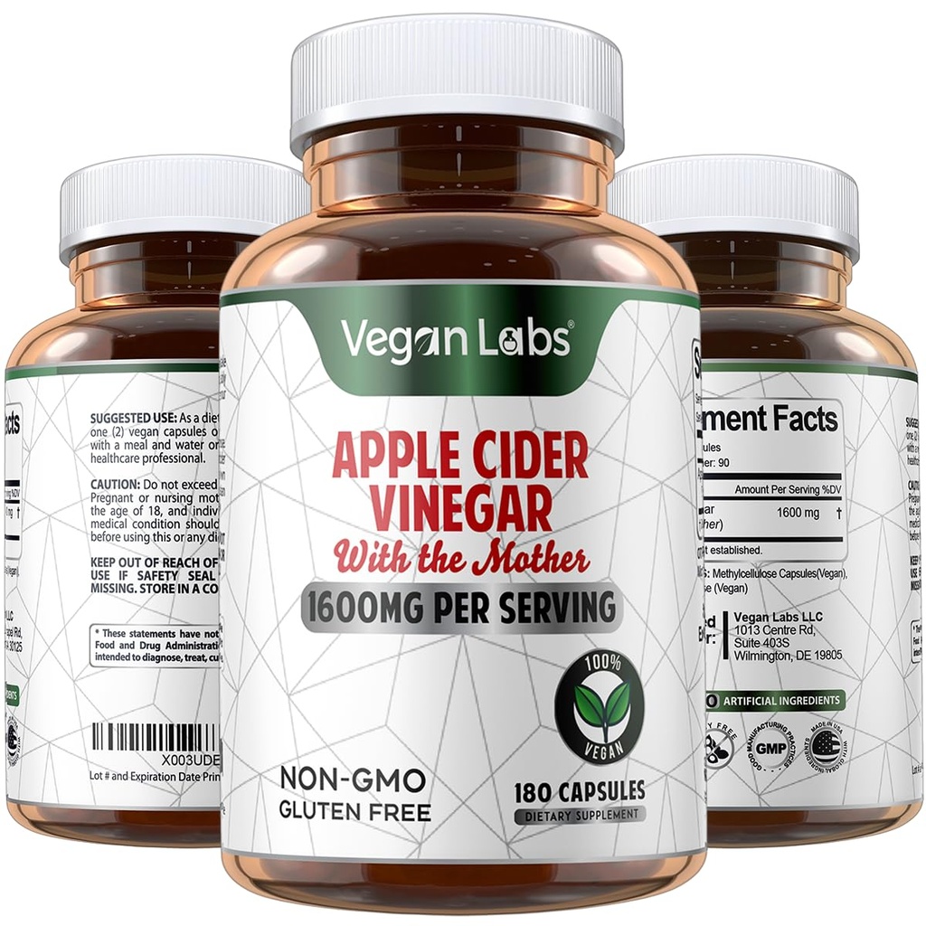 Vegan Lab Apple Ciegar Capsules with The Mother- 180 Vegan Capsules, 1600MG Per Servi- 100% Natural ACV Pilles - Support Healthy Ditrable, Keto, Weight Management, Detox, and Immune System