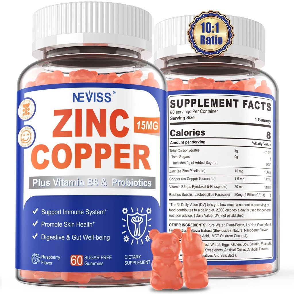 Zinc Gummies dengan Copper + Progities, Vitamin B6 untuk Absorpsi Max, Suplemen Pria dan Perempuan, Dua Escular Minmula Formula untuk Kekebalian dan Kesehatan Gut, Vegan, Non-GMO, 120 Cts