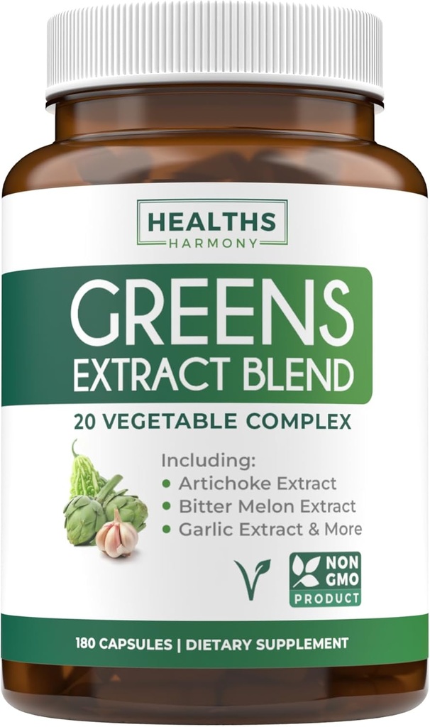 Super Greens Antiokidants Superfood 2250mg Suplemen - 20 Ingreasi dengan Sprout, Mushroom, Roots, Garlic, Bitter Melon, Artichoke, Celery Seed, Cayenne Pepper, Alfalfa NON GMO - 180 Capsules