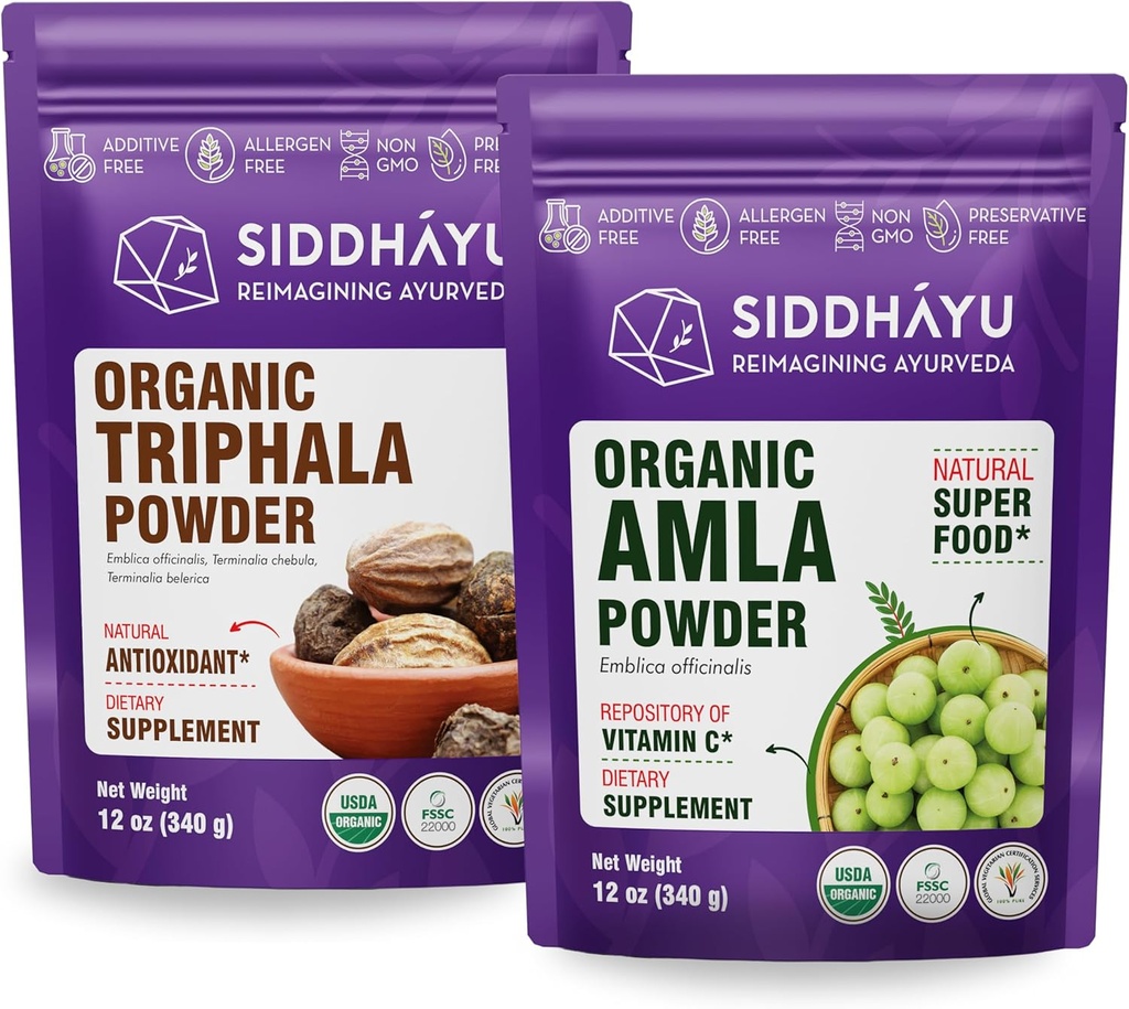 Sidhayu Organik Triphala Powder - 12 oz & Organic Amla Herbal Powder - 12 oz