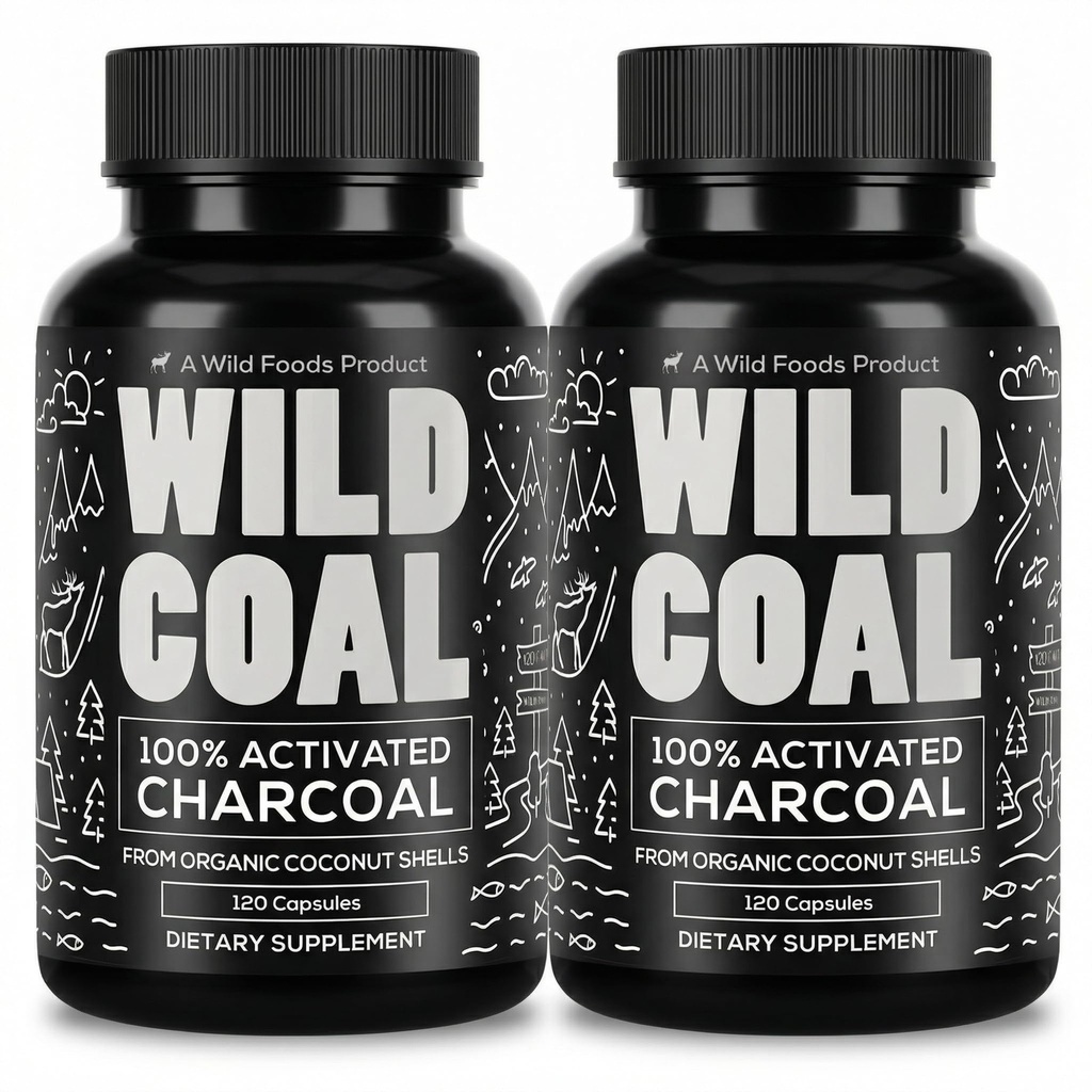Wild Foods Activated Charcoal Capsules 134; 100% Organic Coconut Active Tablets for Bloating Relief 124; Lab Tested & Non-GMO Pill 124; USA (Two Bottles - 120 Capsules)