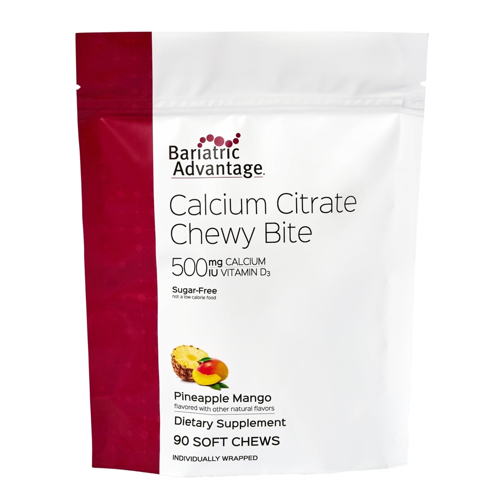 Persediaan Bariatrik Kalsium Citrat Chewy Bites 500 mg - Sangat Absorbable & Digeable - Vitamin D3 - mudah Chesily Kalsium Suplemen - Paneapple Mango - 90 Count