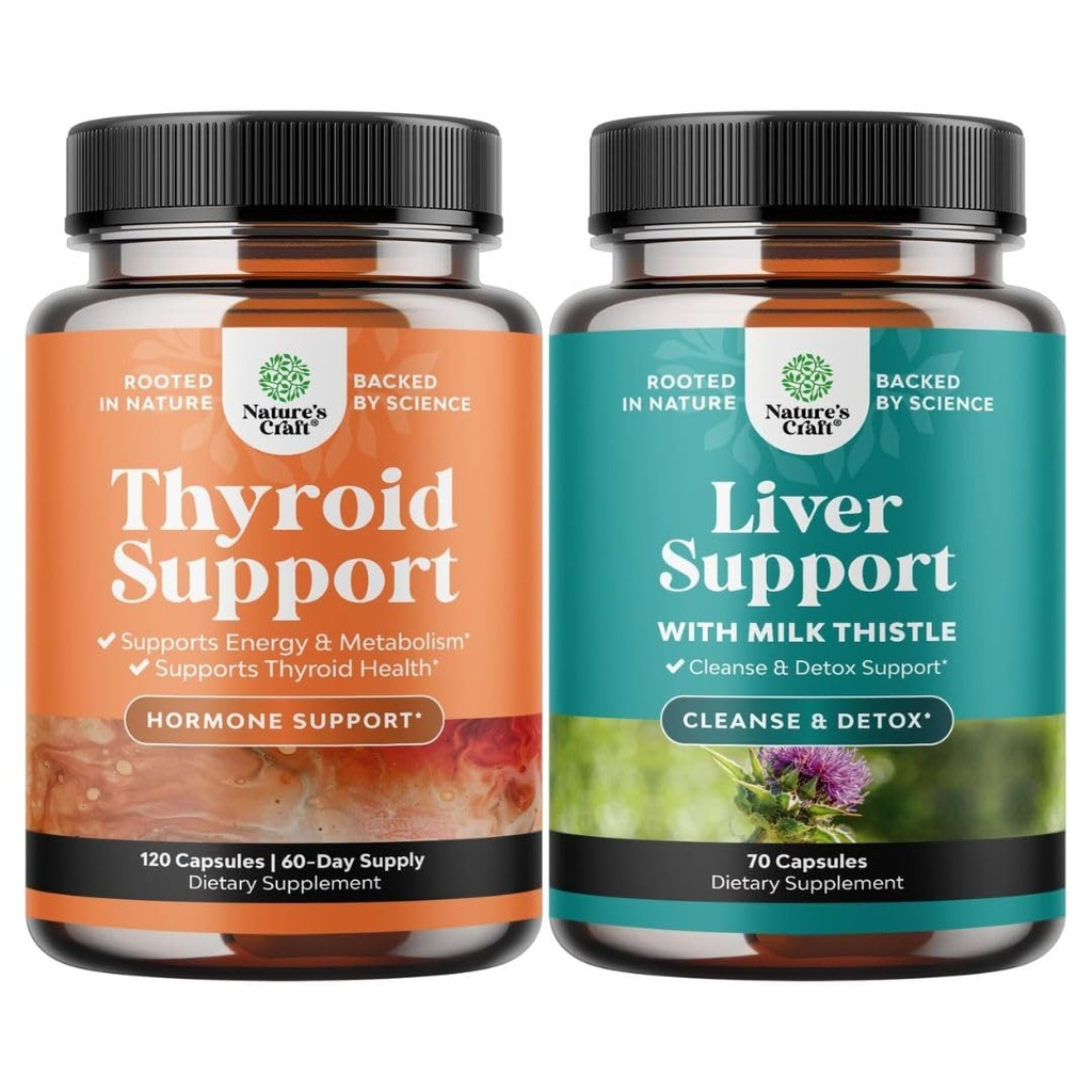 Bundle of Herbal Thyroid Dups Complex with L Tyrosine Bladderwrack Selenium Pure Ashwagandha and Liver Cleanse Detox & Repair - Milk Thistle with Dandelion Root Beetroot & Artichoke Extract