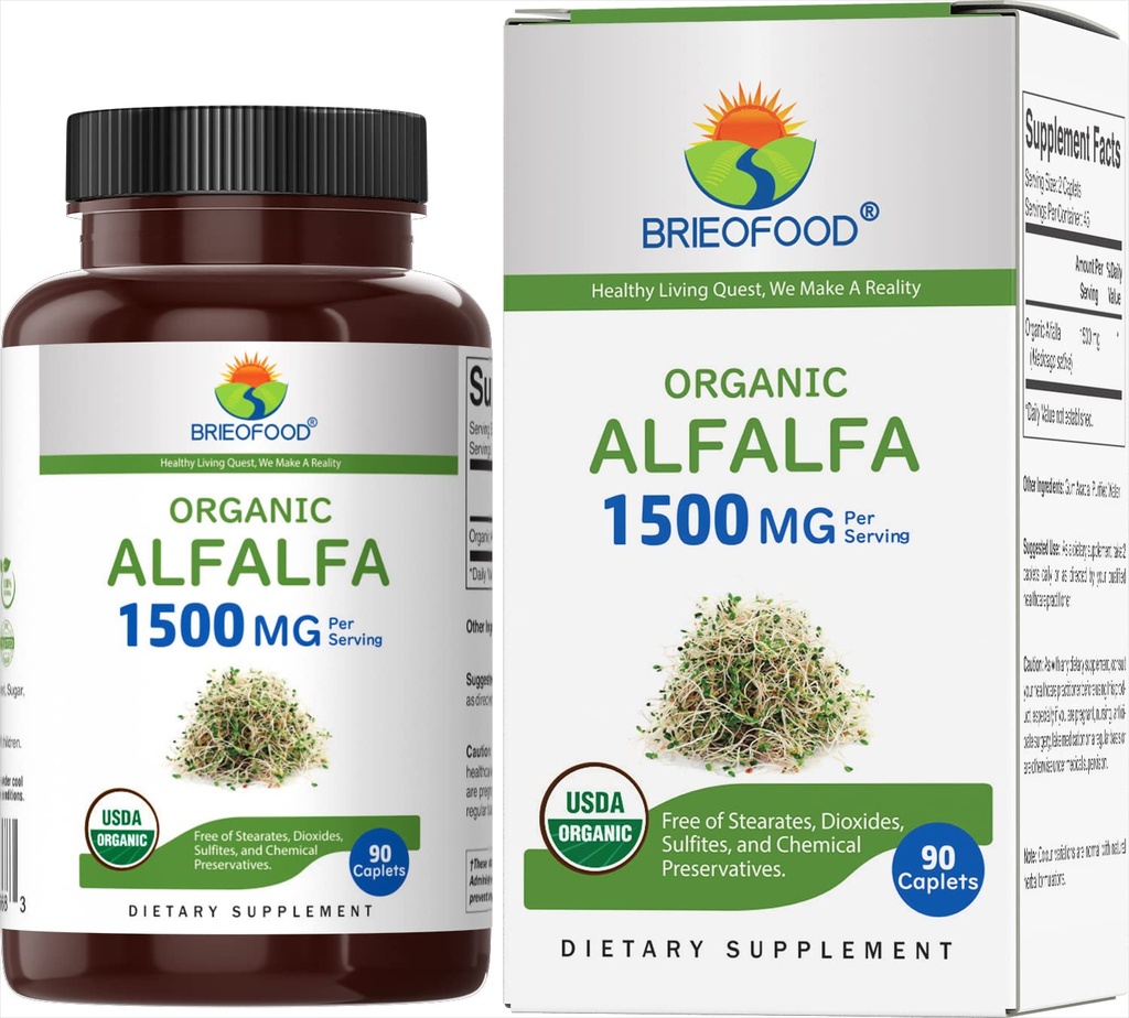 Brieofood Organic Alfalfa 1500mg, 45 Servis, Vegetarian, Gluten Free, 90 tablet Vegetarian