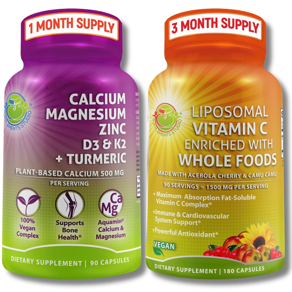 Plant - berbasis Bone & Imune Support Bundle - Lipomal Vitamin C 1500mg with Organic Acerola & Camu + Calcium Magnesium Zinc dengan Vitamin D3, K2 & Turmeric - Vegan, Non-GMO