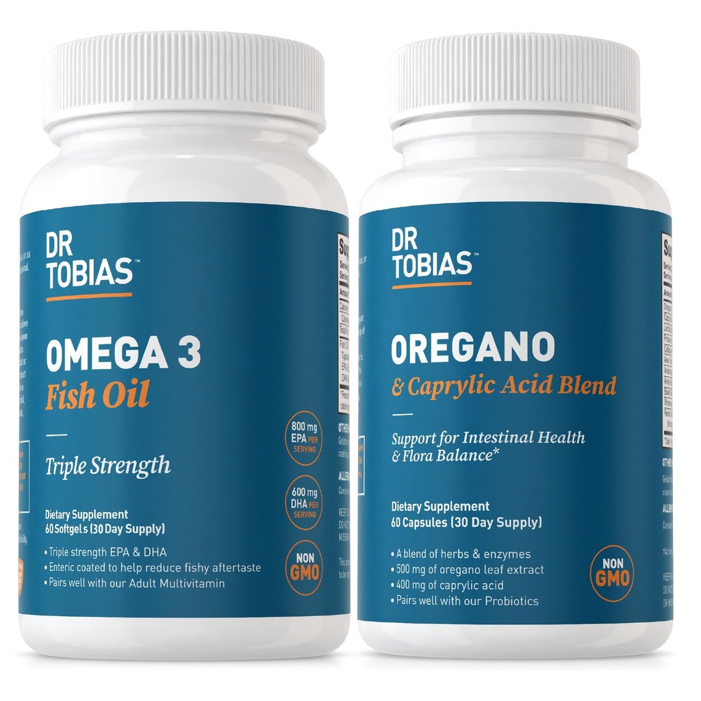 Dr. Tobias Omega 3 Fish Oil dan Oregano & Caprylic Acid Suplemen, Support Heart, Brain, Ammune with Gut Flora Saldo & Intestinal Kesehatan Perempuan & Pria