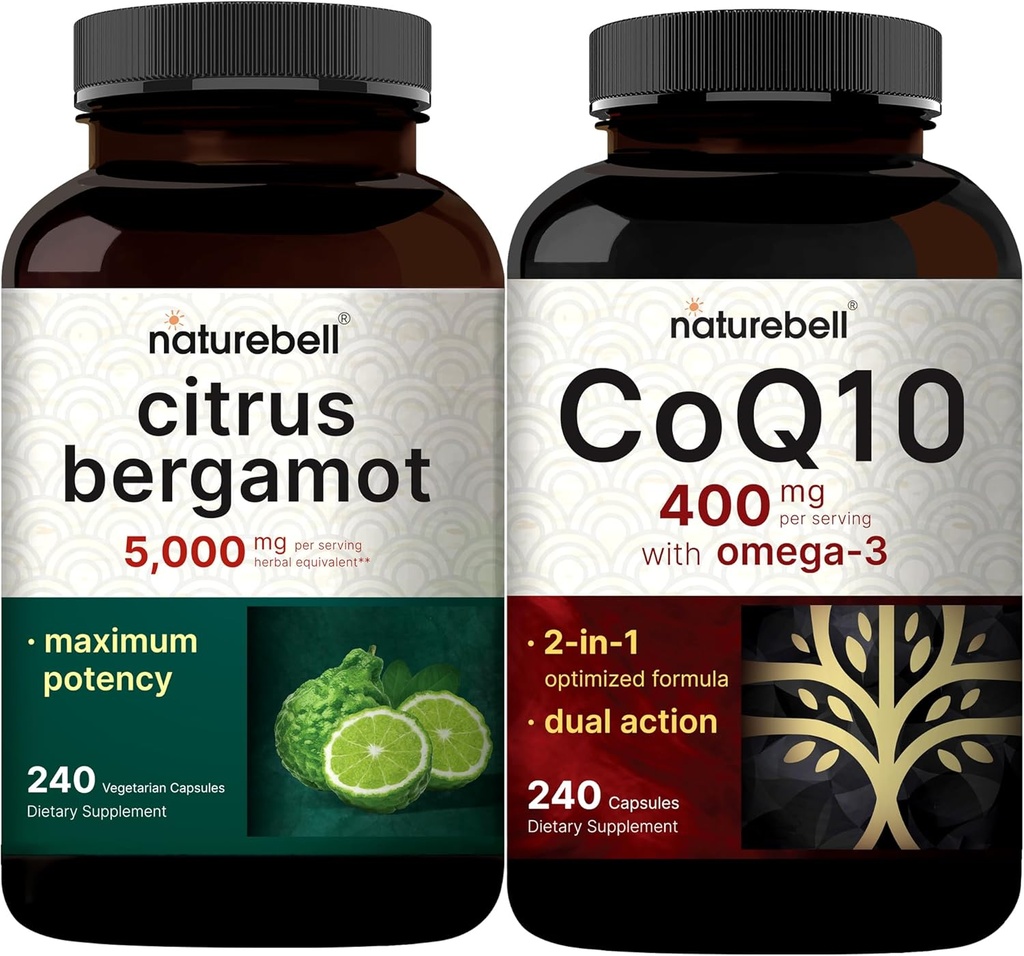 NatureBell CoQ10 400mg Capsules with Omega 3 Fatty Acids & Citrus Bergamot Vegsules Capsules 5.000 mg Equivalen Bundle Pack = Stable High Absorpsi Formud 124; Tingkat Antioksidant Tinggi