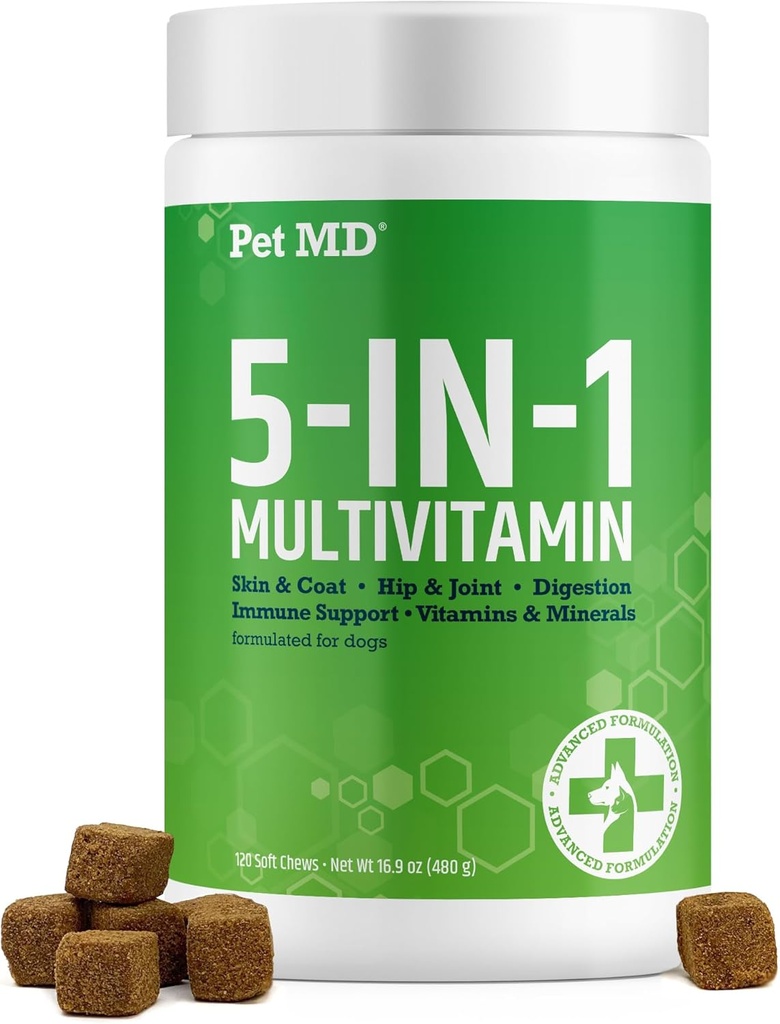 Pet MD 5in1 Dog Multivitamin - 30 Estium Vitamin, Mineral & Nutrients for Skin & Coat, Hip & Gaul, Diadolve, Imune & Senior Dog Vitamin - Glucosamine, Omega 3 6 9, & Progories - 120