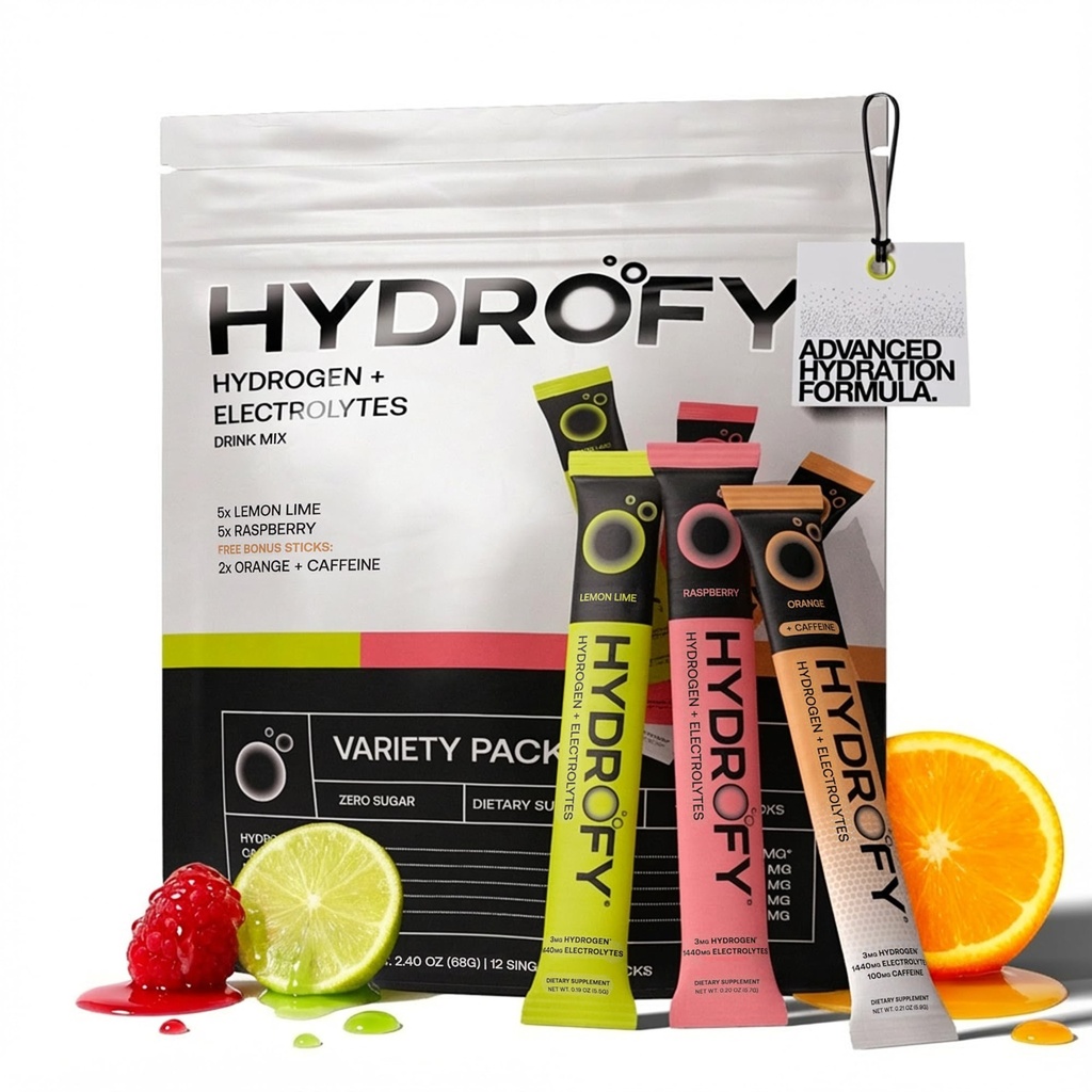Hydrofy Hydrogen Water + Electrolytes Minum Mix - Variety Pack 124; H2 Paket Hidration dengan Molekuler Hidrogen, Sodium, Potasium, Magnesium 124; Lemon Lime, Raspberry, Orange + Caffeine 124; 12 Count