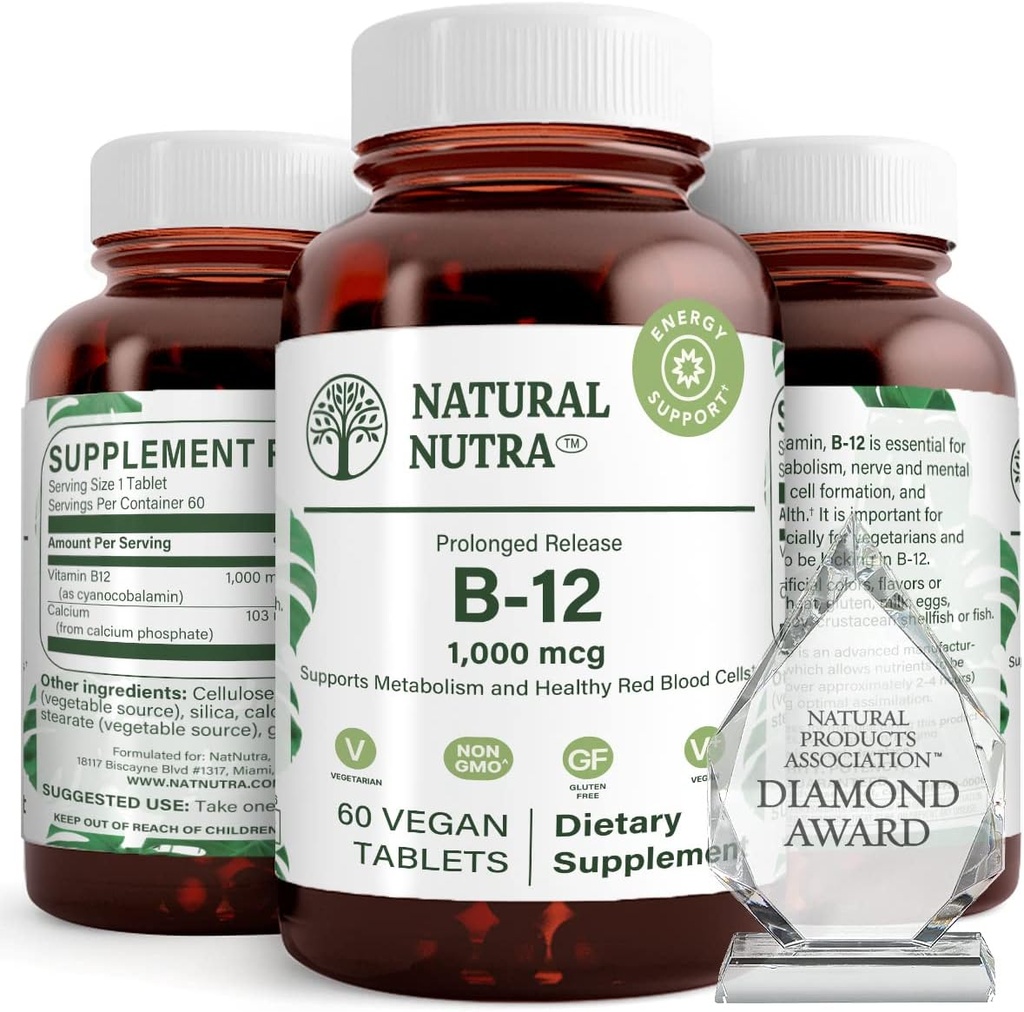 Natural Nutra B12 1000 mcg, Cobalamin B 12 Suplemen, Kalsium Pfoshate, Bantuan dalam Kesehatan Metabolisme, Mendukung Sistem Gugup, Optimal Absorpsi, Gluten Bebas, Gula Bebas, 60 Vegan