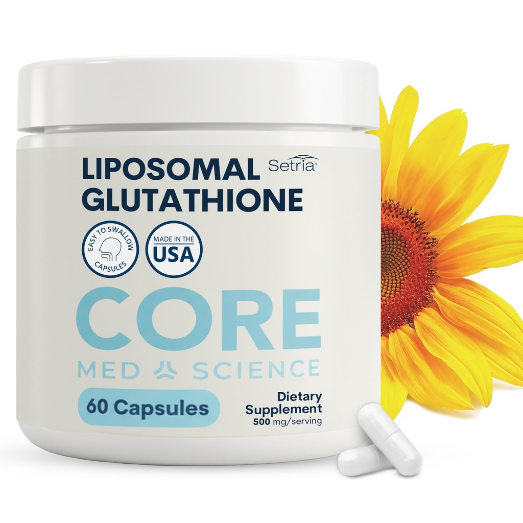 Core Med Science Lipomal Glutathione Suplement (500mg, 60 Kapsul) - Pure Reduced Setria with Phospholipid Complex - Antioksidant Suplemen Energi, Brain Health, Skin & Liver Health