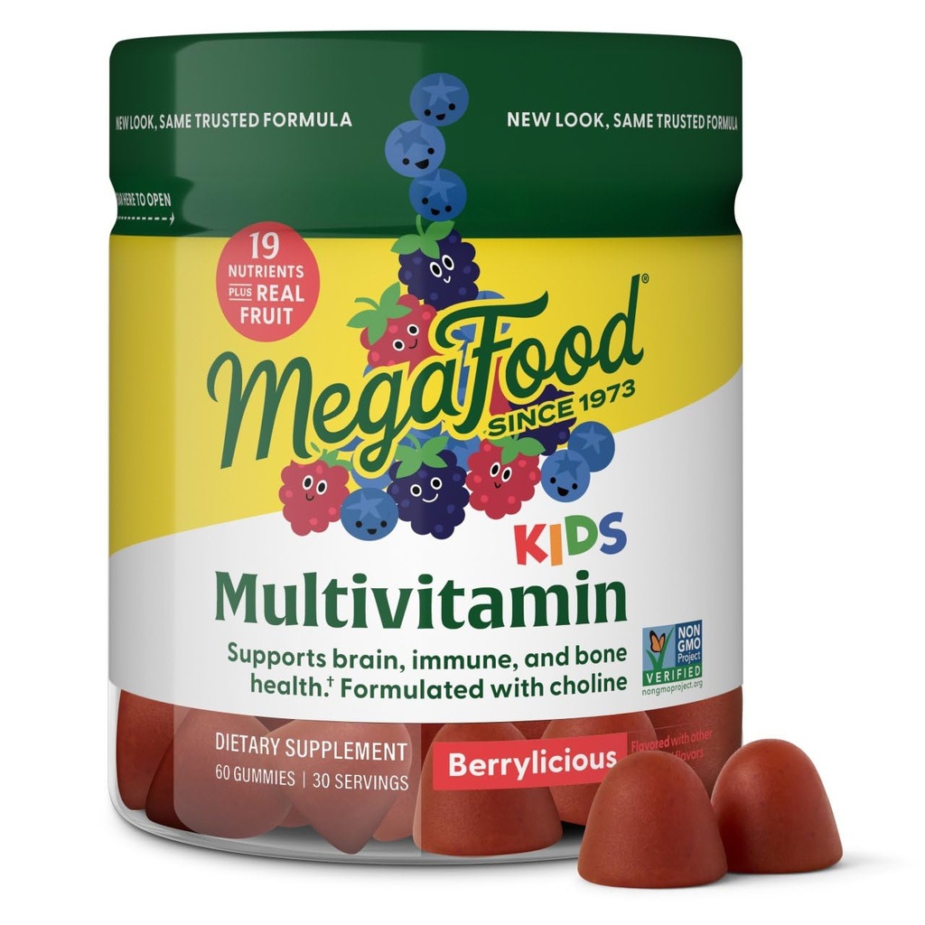 MegaFood Kid Multivitamin Gummies - Anak Vitamin - Umur 4 + dengan Vitamin C, Vitamin D, Zinc, Choline, dan Real Fruit - Otak & Imune Dukungan - Berrylicious Flavor - 60 Gummi (30 Pelayan)