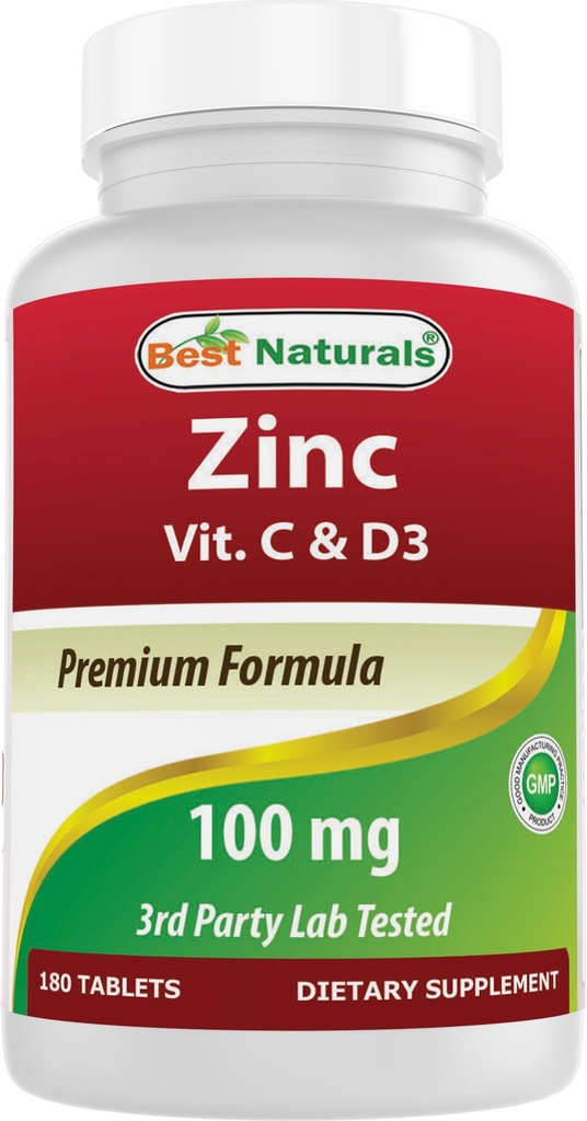 Terbaik Zinc 100 mg dengan Vitamin C & D3 180 Tablet Gluten Bebas dan Bukan-GMO