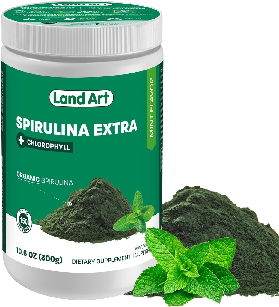 Land Art Organic Spirulina Extra Powder - Mint Flavared - 100% Pure - 75 Services - Superfood - Good Taste and Good Smell - 10% Bioactive Chlorophill - Powerful Source of antioksidants