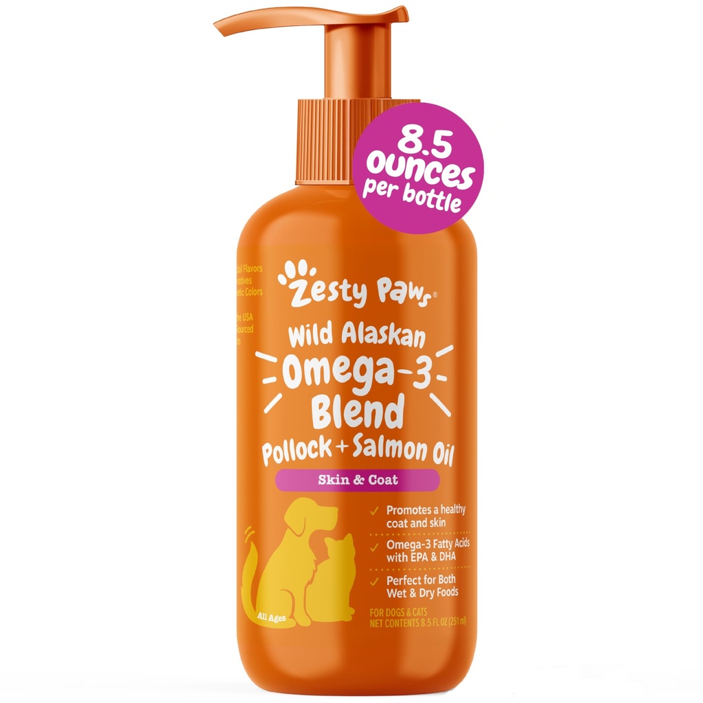 Zesty Paws Wild Alaska Omega- 3 Blend Pollock + Salmon Oil for Dogs and Cats- Skin and Coat Dupport, Omega 3 Supplemen Pets, 8.5oz