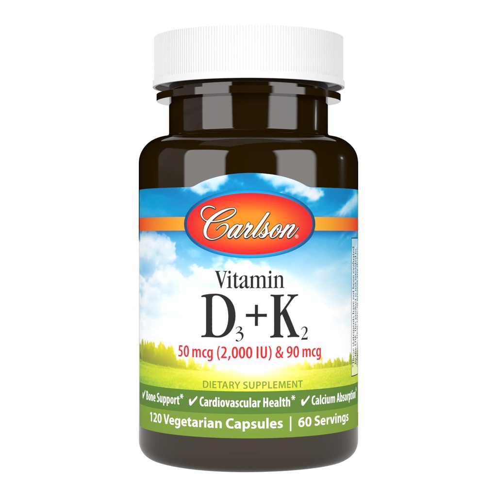 Carlson - Vitamin D3 + K2, 50 mcg (2000 IU) Vitamin D3 & 90 mcg Vitamin K2 sebagai MK7, Bone Support, Calcium Absorpsi, 120 Capsules