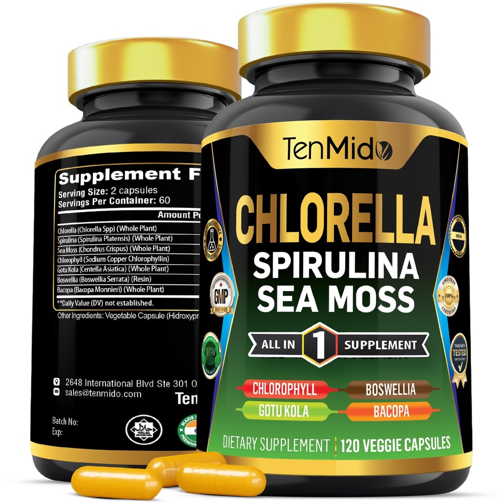 Chlorella Tambahan untuk Pria dan Wanita - 7in1 Formula dengan Spirulina, Laut Moss, Chlorofil, Gotu Kola, Boswellia & Bacopa - Dukungan Imune - Rich in Nutrient, Vitamin - 120 Capsules