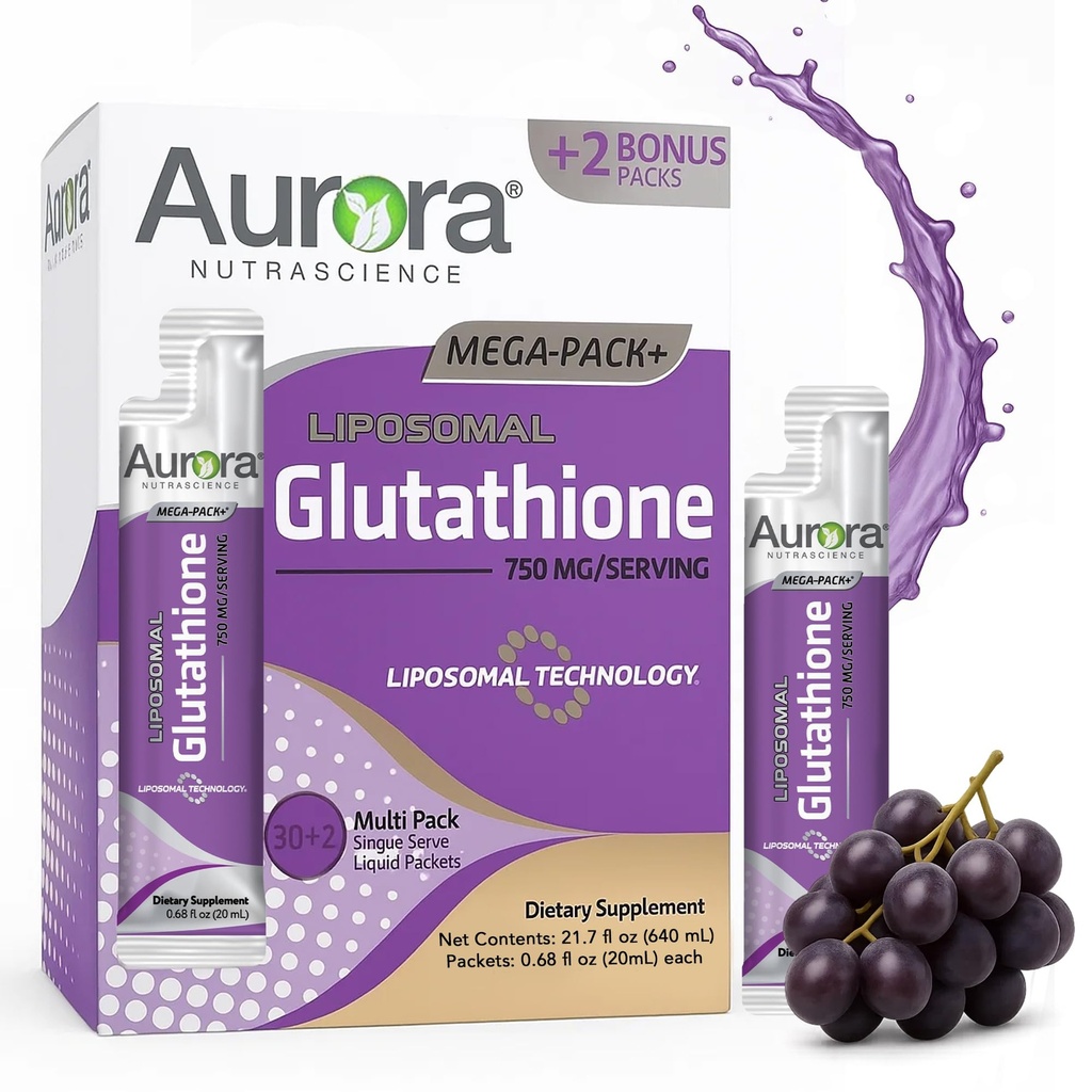 Aurora Nutrasains Mega- Lipomal Liquid Glutathione, Imune & Antioxidant Gut Health Suplemen, 750 mg per Serving, Non-GMO, Sugar- Free, 32 Save Packet