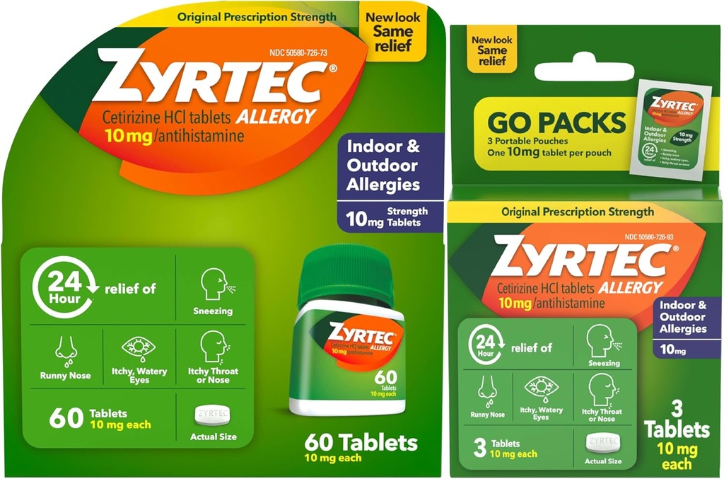 Zyrtec 24 Hour Relief Tablet, Indoor and Outdoor Allergy Medicine dengan 10 mg Cetirizine HCI per Antihistamine Table, Bundle Pack, 60 ct + 3 ct Travel Packs, 63 Count