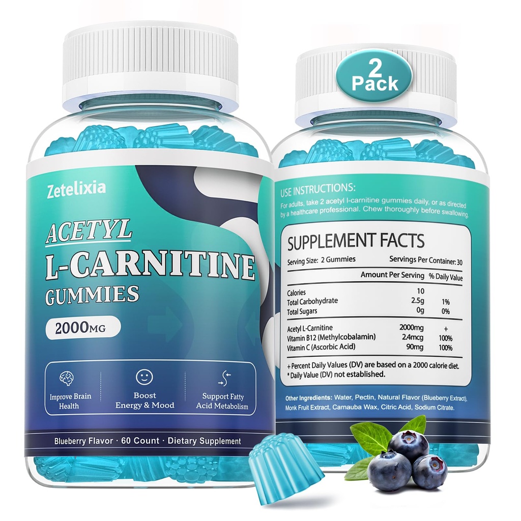 2 Pack Sugar Free Acetyl L- Carnitine Gummies, L- Carnitine Suplemen Perempuan & Men, dengan Vitamin C & B12, ALCAR for Energy, Brain & Heart Health Dukungan, Vegan, Non-GMO, 120 Count