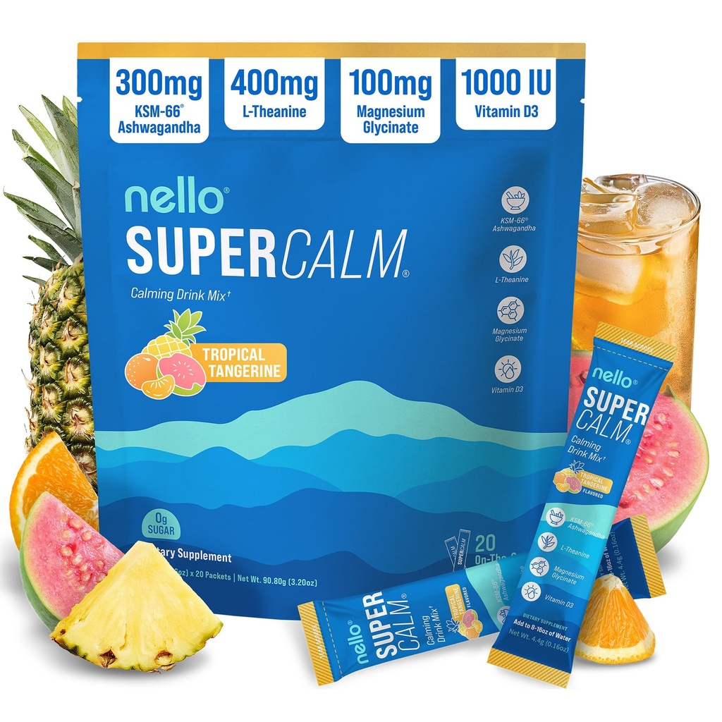 Nello Supercalm Towers Drum Mix, Tropical Tangerine, L Theanine, KSM-66 Ashwagandha, Magnesium Glycinate, Vitamin D 3, Suplemen untuk Relaxation & Focus, Natural, No Sugar, Non GMO, 20 Srvg