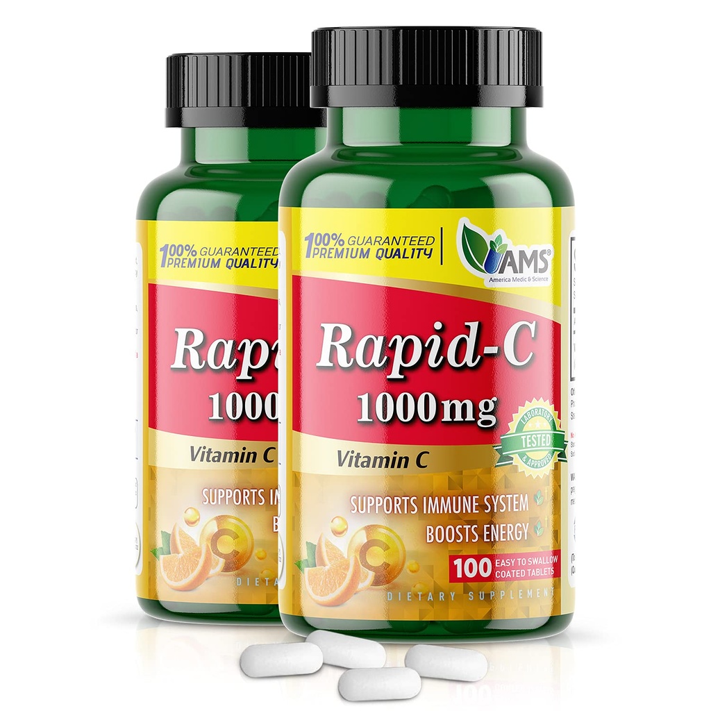 Amerika Medis & Science Rapid-C 1000mg Vitamin C Tambahan (2 Paket 100 Tablet) Energi Booster, Dukungan Sistem Ammune Harian, Antioksidant 14; Vegan, Non-GMO Berlapisan Achibic Acid untuk Pria & Perempuan