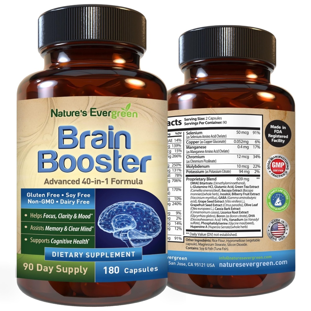 Brain Booster 40-in-1 Formula Suplemen untuk Fokus, Memory, Kejelasan, Energi 124; untuk Pria & Women, Kognitive Fungsi Nootropic Dukungan dengan DMAE, Brain Health Formula 124; (180 Capsules - 90 Bantuan Hari)