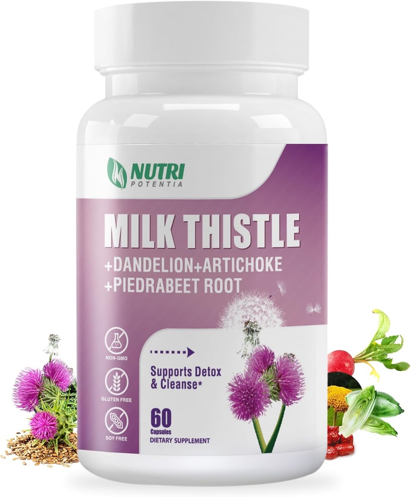 Suplemen Thistle Milk dengan Root Dandelion, Extract Artichoke, 80% Silymarin untuk Liver Support-Liver Cleanse Detox & Repair Formula, Non- GMO - 60 Capsules