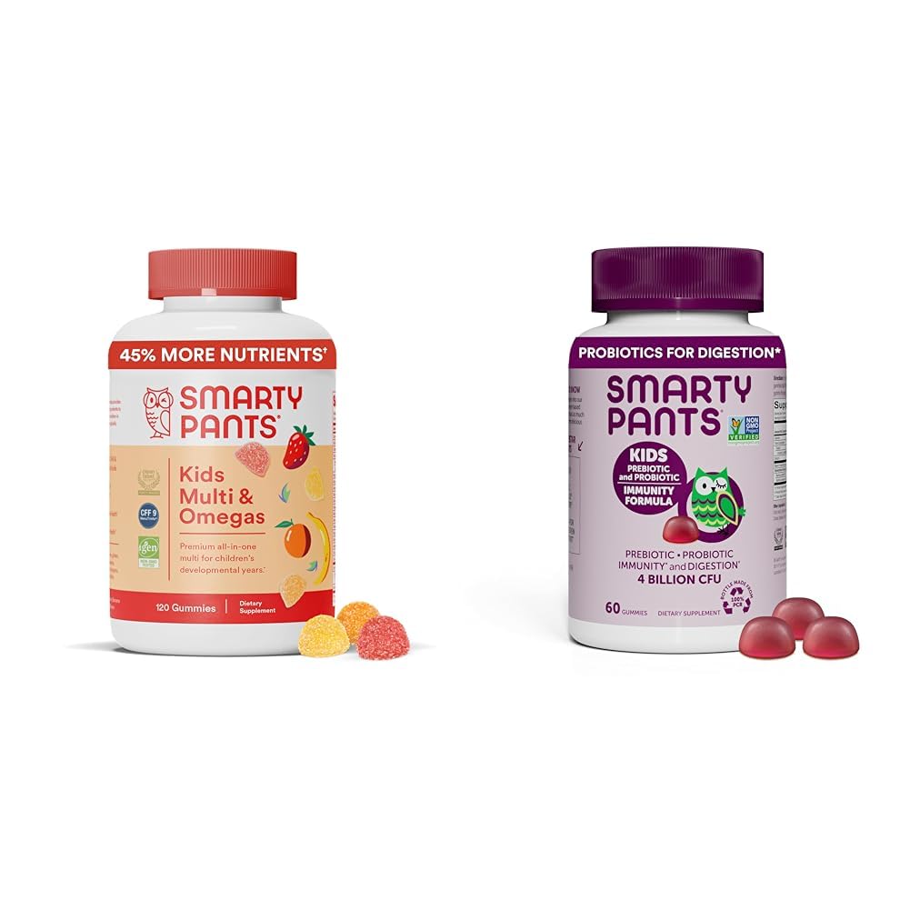 Anak SmartyPants Multivitamin Gummies and Probiotic Immunity Bundle: Minyak Ikan Omega 3 (EPA / DHA), Vitamin D3, C, Vitamin B12, B6, Digetical & Imune Dukungan Tambahan (30 Hari)