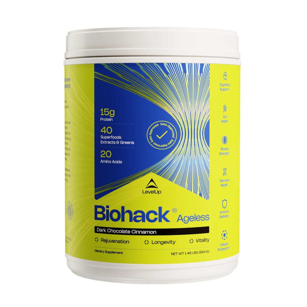 LevelUp Biohack Agneless: Colostrum Collagen SuperFoods Antioksidants Spermidine Amino Creatine for Women and Men, Total Body Reperemation (Dark Chocolate Cinnamon)