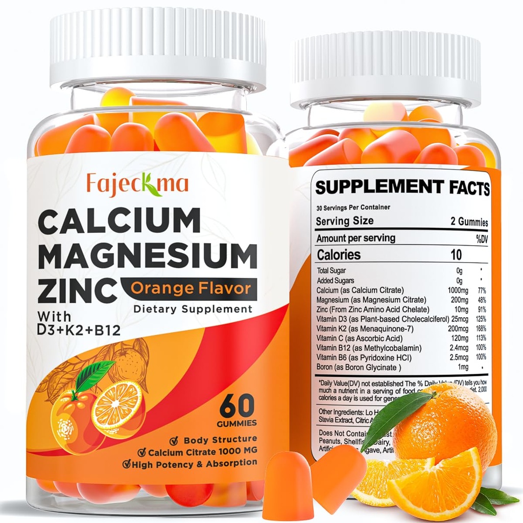Calcium Magnesium Zinc Gummies for Adult: Organik 1000mg Calcium Citrate Magnesium Suplemen D3 B12 - Sugar Free High Absorpsi Supplemen Perempuan (60 Count (Paket 2)