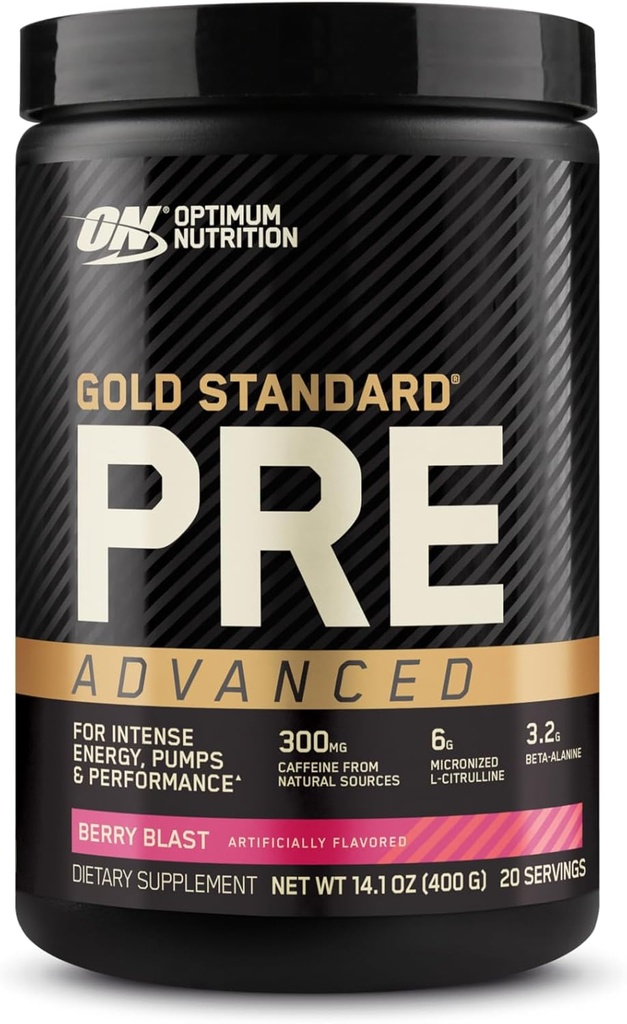 Optimum Nutrition Gold Standard Pre Workout Advanced, with Creatine, Beta- Alanine, Micronized L-Citrulline and Caffeine for Energy, Keto Friendly, Berry Blast, 20 Servings
