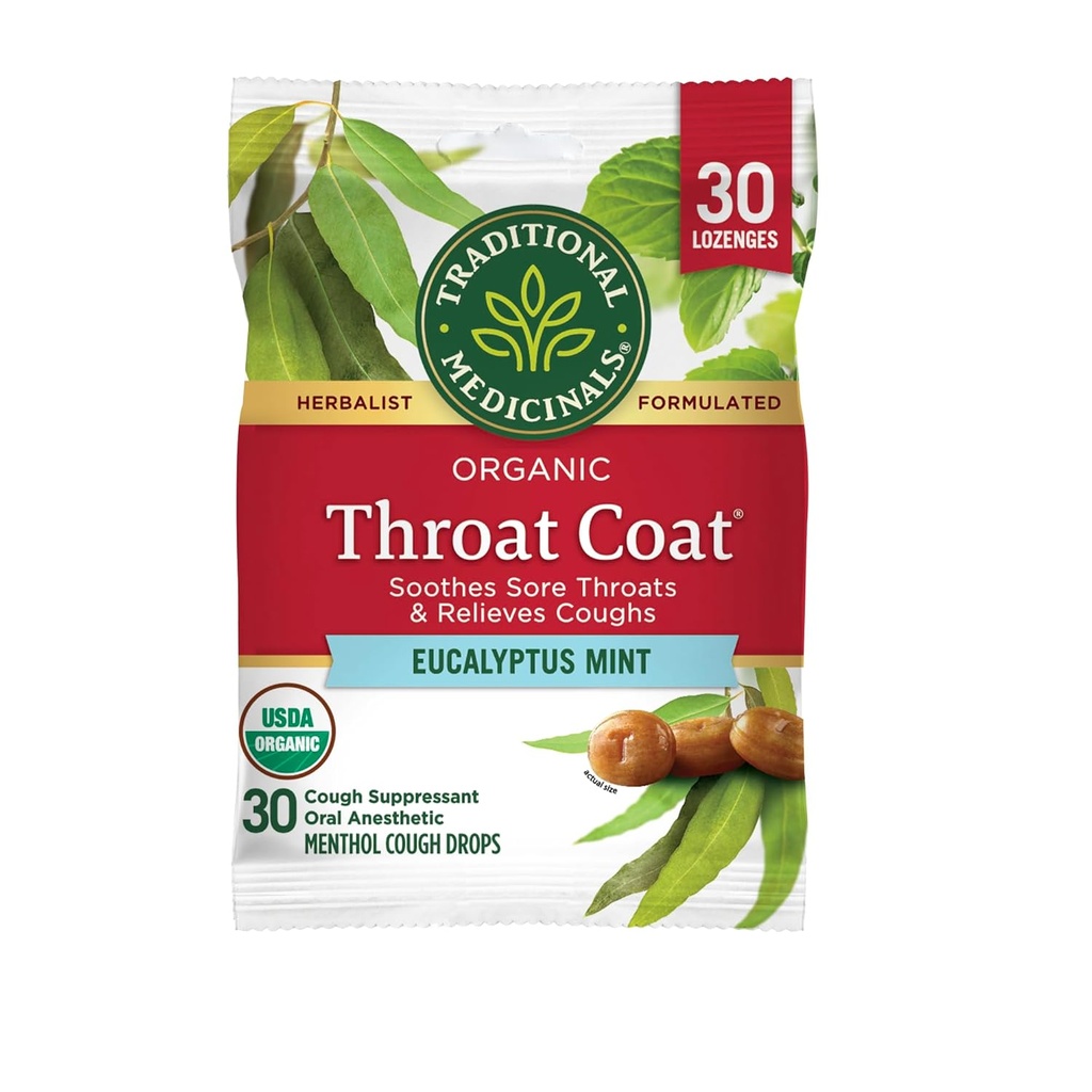 Obat Tradisional Tenggorokan Coat Batuk Organik, Eucalyptus Mint dengan Menthol, Soothes Sore Throats & Relieves Coughs, 30ct.
