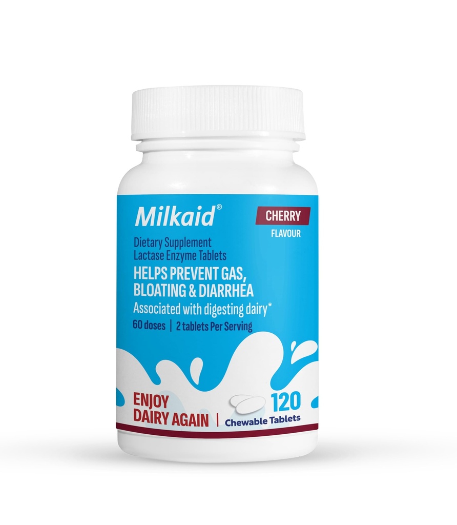 Milkaid Lactase Enzyme Tablet Chewable for Laktosa Intoleransi Relief 124; Prevents Gas, Bloating & Diwana 124; Fast Acting Dairy Digeptical Supplemen (120 Tablet, Cherry)