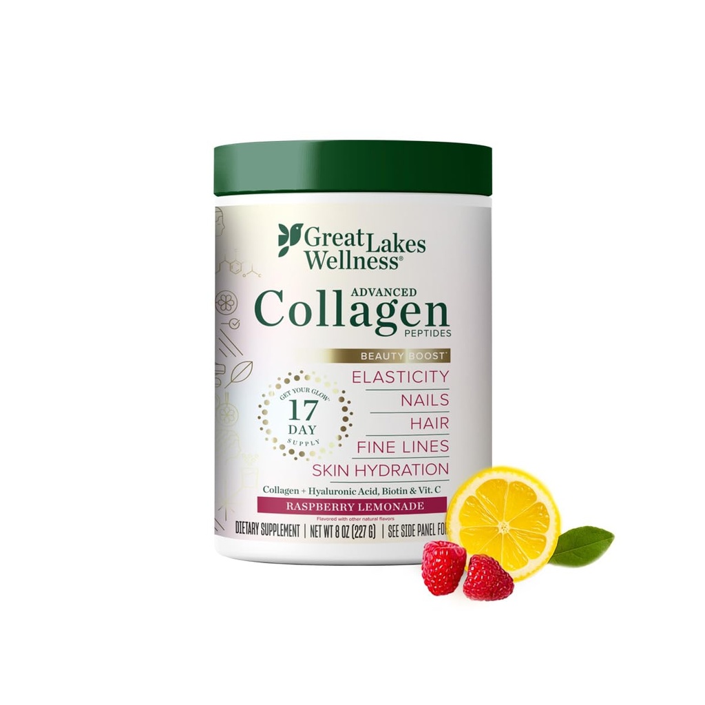 Great Lakes Wellness Beauty Boost Advanced Collagen Peptides Powder dengan Acid Hyalanic, Biotin, Vitamin C - Skin Elasticity dan Hidration - Raspberry Lemonade Flavor - Non-GMO, Keto, Kosher - 8 oz