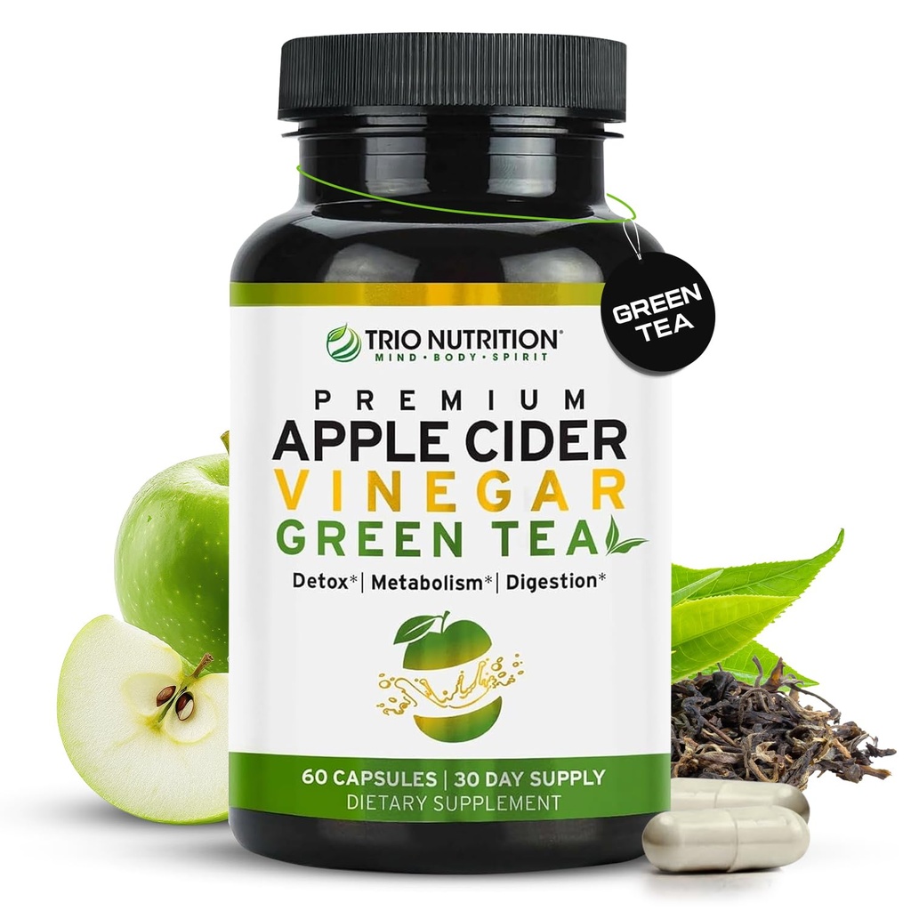 TRIO NutTRITISI Apple Cider Vinegar Capsules with Green Tea - Natural Sugar Free Apple Cider pills with The Mother for Body Cleanse, Imune, Weight Management & Metabolisme Booster *
