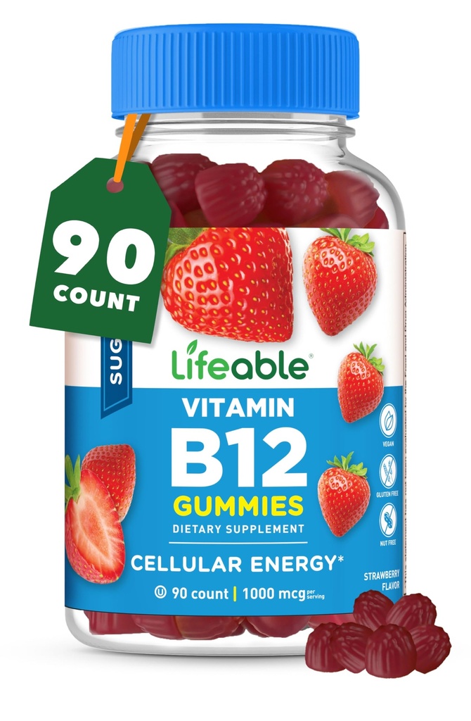 Lifeable Sugar Free Vitamin B12 Gummies = 124; 1000 mcg 124; Tasting B12 Vitamin Gummies Agung: 124; Energi, Mood, dan Metabolisme Mendukung 124; B 12 Vitamin Gummies untuk Pria, Perempuan, Dewasa 124; 90 Gummies