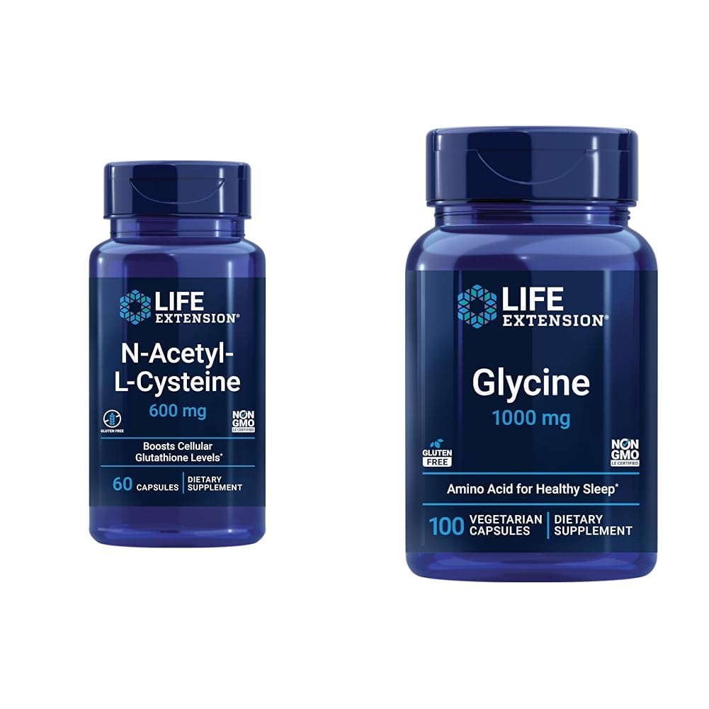 Ekstensi Hidup N- Acetyl- L- Cysteine (NAC) & Glycine 1000 mg, Promotes Relaxation, Healthy Tidur, Amino Acid, Gluten- Bebas, Non-GMO, Vegetarian, 100 Capsules