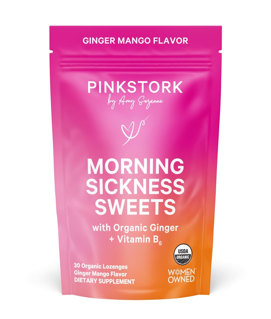 Pink Stork Morning Sickness Sweets, Organic Mango Ginger Candy dengan Vitamin B6 untuk Morning Sickness, Motion Sickness, Prenatal Heartburn - Pregnancy Harus Haves - 30 Wrapped Drops