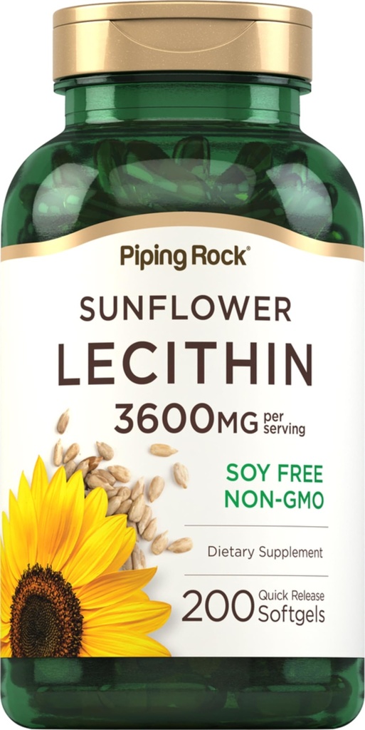 Piping Rock Sunflower Lecistin Softgel Capsules 124; 3600 mg 124; 200 Count Averty 124; dari Phoshatidylcholine 124; Soy Free, Non-GMO, Gluten Free