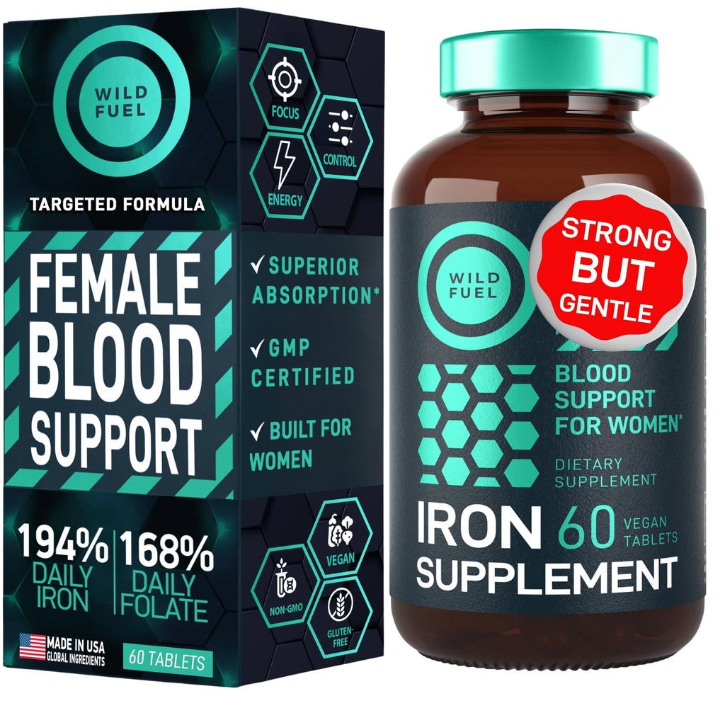 Iron Suplemen untuk Perempuan dengan Acid Folic - 35 mg Blood Builder Sulfate, Folic Acid 400 mcg - Pil Besi untuk Perempuan dengan Dukungan Anemia & Pregnancy - 60 Gluten- Bebas, Vegan Besi Vitamin Tablet