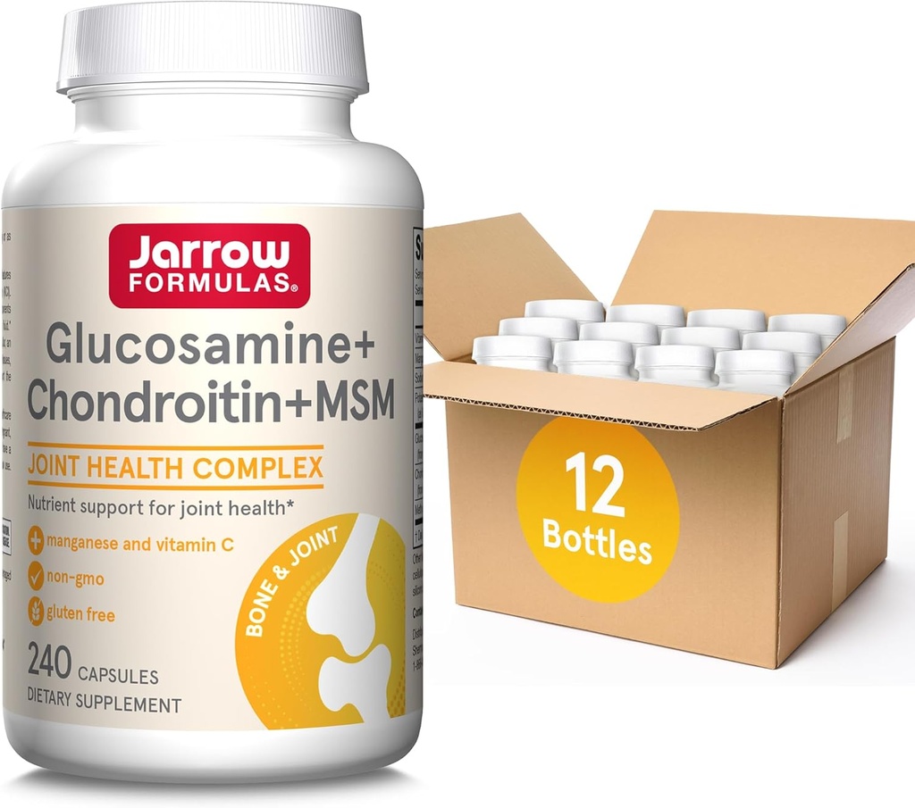 Jarrow Formulas Glucosamin + Chondroitin + MSM Capsules, Suplemen Dukungan Bersama dengan Vitamin C dan Manganese, 240 Kapsul, Supply 60 Hari, Paket 12
