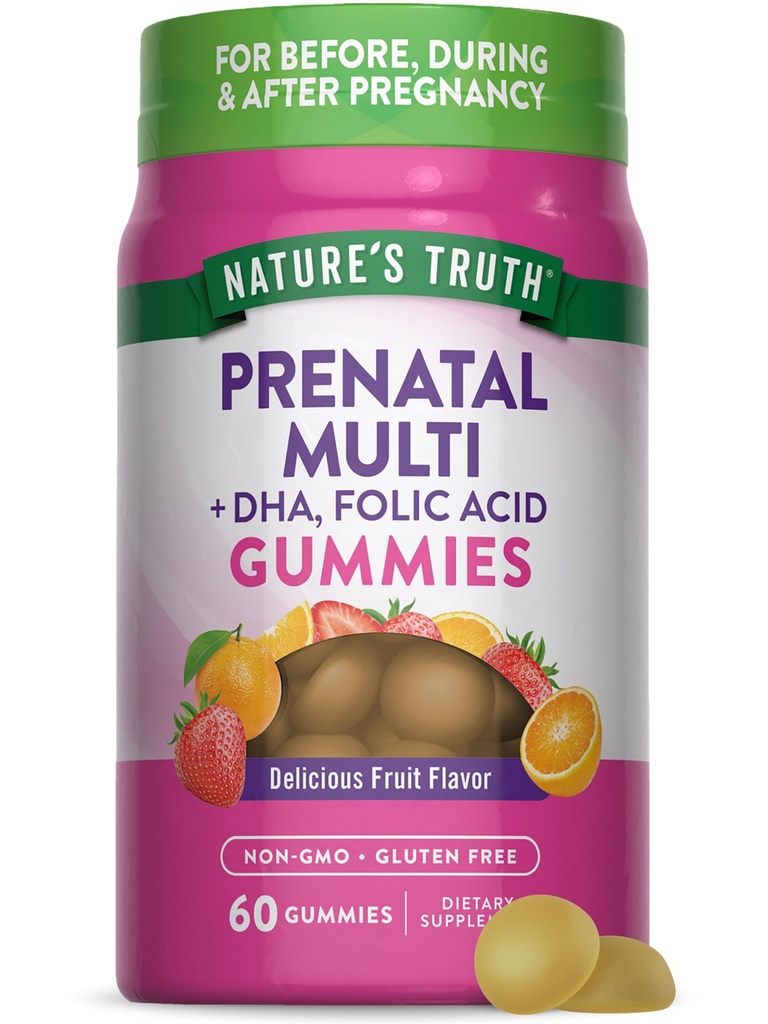 Nature 's Truth Prenatal Multivitamin Gummies 124. dengan DHA & Folic Acid 124; 60 Count 124; Fruit Flavor 124; Non-GMO & Gluten Free Suplemen