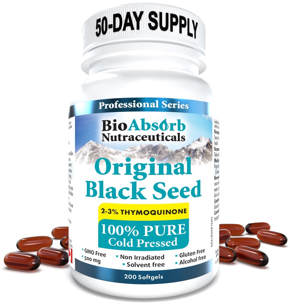 Bio Absorb Black Seed Oil Pressed Capsules. 200 softgel, 500mg (Supply 50 Hari). Tidak ada aftertaste.